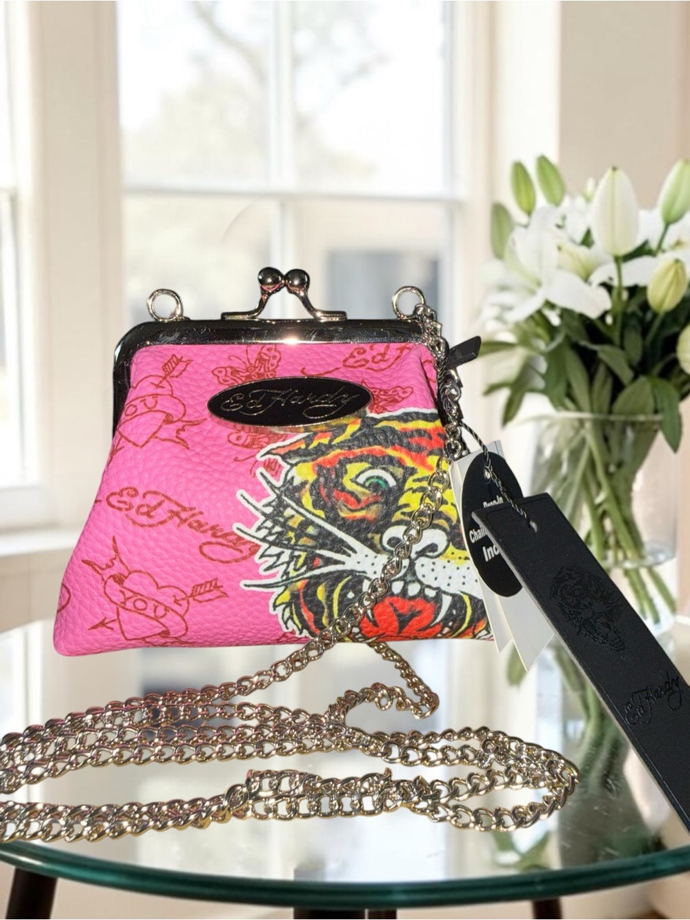 NWT Ed Hardy Pink Tiger Kiss-Lock Mini Crossbody Pouch Coin Purse